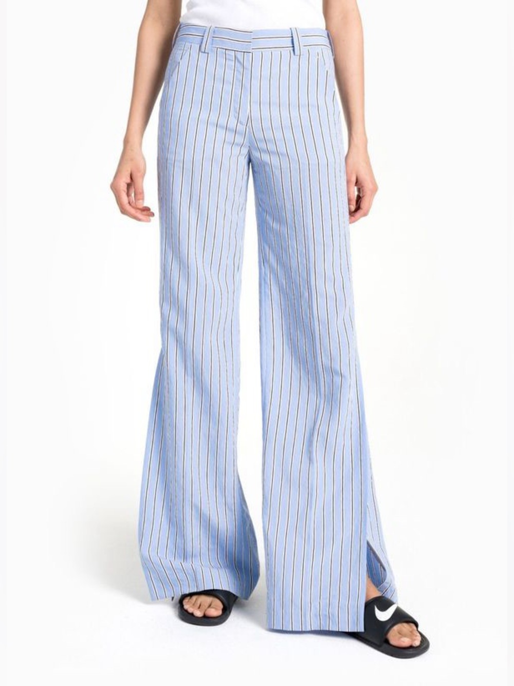 A.L.C. Miles blue white striped trouser pants slits flat front wide leg sz 0